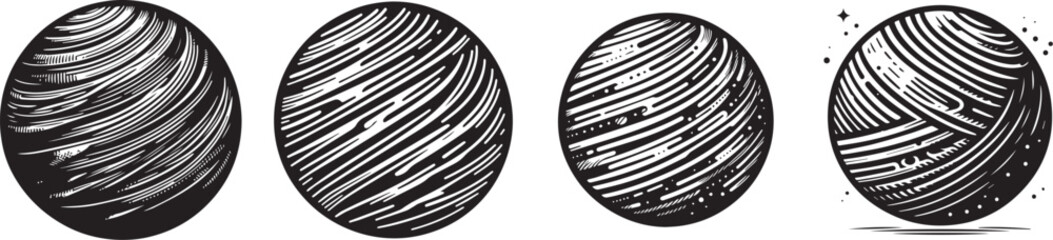 Abstract planet icon set. Black stylized illustration of a round planet with textured stripes