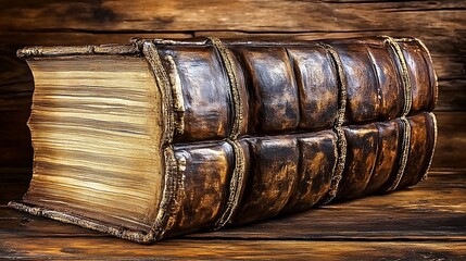 Aged leather-bound book rests on wood