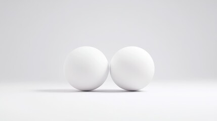Two pristine white eggs rest side-by-side against a minimalist white backdrop.