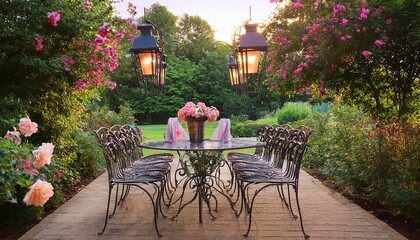 A romantic garden setting with a wrought iron table and chairs, surrounded by blooming roses and hanging lanterns.