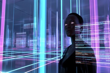 A webmistress avatar with glowing eyes and data patterns across her skin, immersed in a virtual world with pulsing grids and code scrolling rapidly, all in soft motion with copy space.