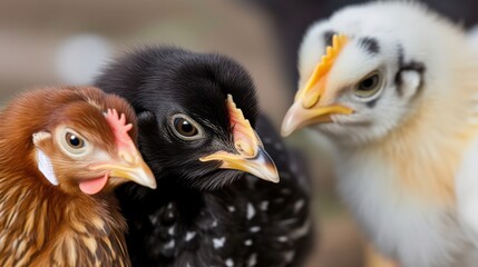 Fototapeta premium Three baby chicks close up colorful feathers nature