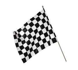 Woman with checkered flag on white background, closeup