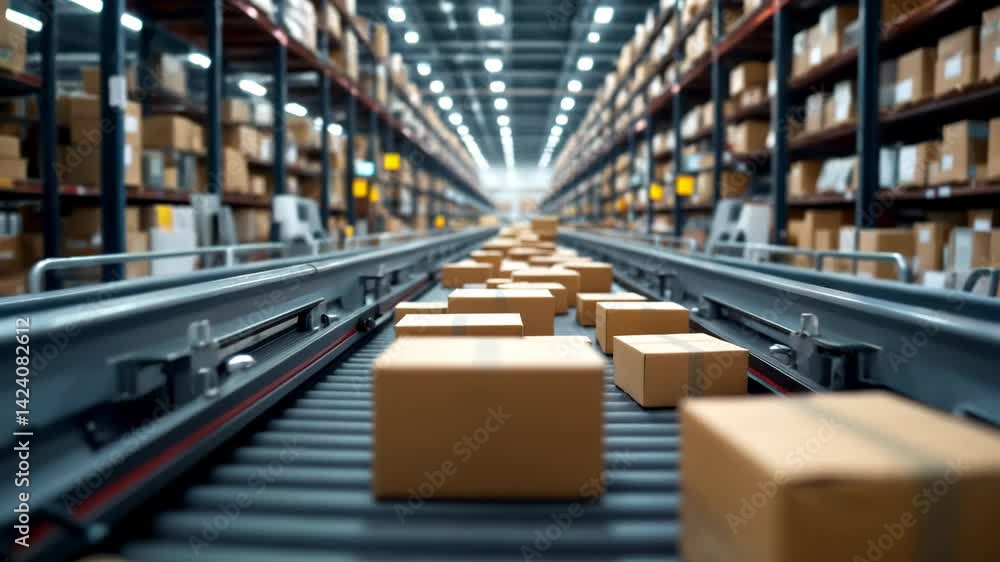 Poster efficient automated conveyor system in large warehouse for transporting boxes, showcasing logistics 