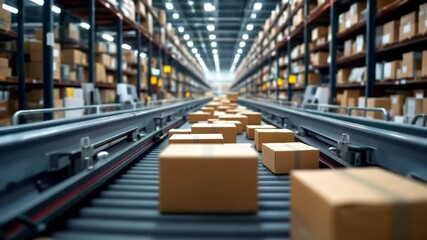 Efficient automated conveyor system in large warehouse for transporting boxes, showcasing logistics and storage solutions. - Powered by Adobe