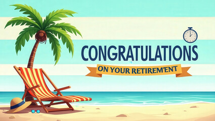 Tropical beach scene with text "CONGRATULATIONS ON YOUR RETIREMENT" featuring a chair, palm tree, and ocean view