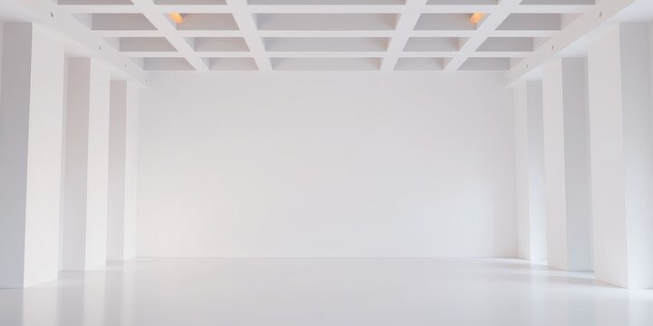 Empty White Room with Geometric Ceiling and Pillars Minimalist Interior Design