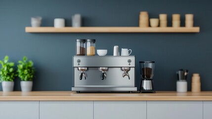 Monolithic stainless steel coffee station with bold reflective elements, geometric shapes, and a futuristic barista experience