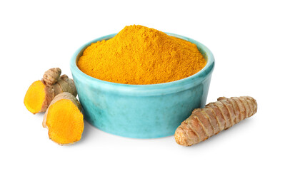 Turmeric powder in bowl and roots isolated on white