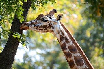 Fototapeta premium A graceful giraffe reaching up to a tall tree, its long neck stretching towards the leaves