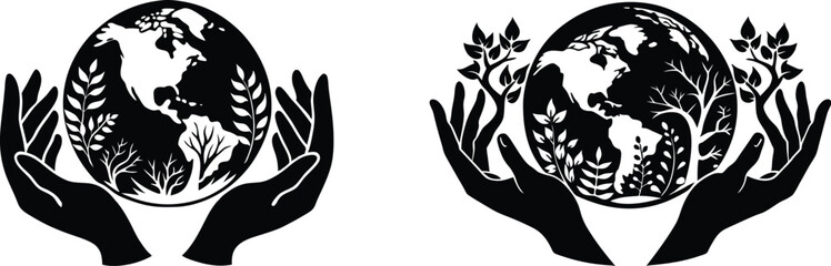 Mother’s hands cradling Earth, nature-themed silhouette

