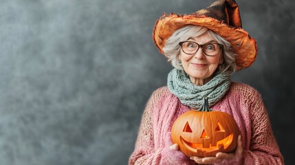 Elderly lady wearing a witch hat with a carved pumpkin, happily celebrating halloween