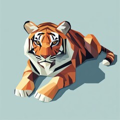 Low poly illustration of tiger laying down on blue background.