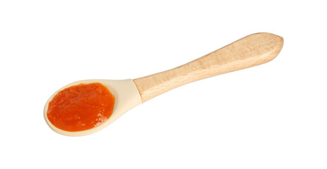 Baby food. Spoon with tasty puree in air on white background, top view