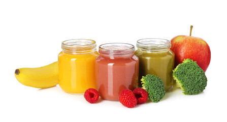 Baby food. Tasty puree in jars and ingredients on white background