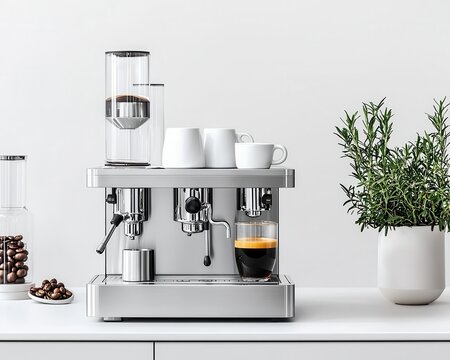Compact stainless steel coffee station with modular brewing units, smart automation, and a refined minimalist layout