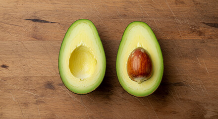 Two Avocado Halves on Rustic Wooden Surface with One Seed Present