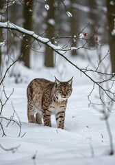 Lynx Walking in Snowy Winter Forest with Bare Branches Framing