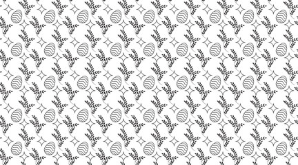 Seamless Black and White Easter Pattern with Eggs, Leaves, and Sparkles, Minimalistic black and white Easter pattern featuring decorated eggs, leafy branches, and sparkles. Perfect for wrapping paper,