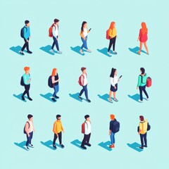 Isometric people walking and interacting with smartphones and backpacks