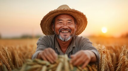 Fototapeta premium A joyful man with a beard holds wheat while expressing happiness during sunset, symbolizing the fulfillment of labor and the bountiful rewards of rural life in agriculture.