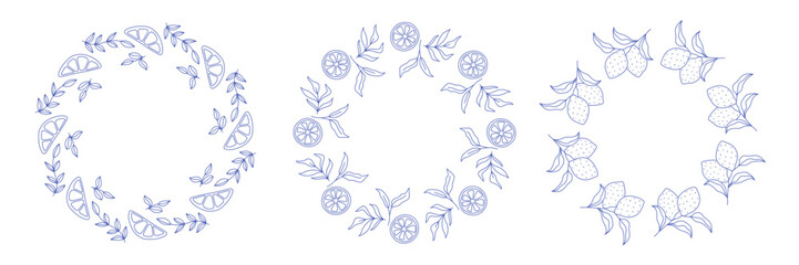 Lemons square and circle round framet. Graphic line ink yellow illustration with empty space for text. Sample poster, party invitation, holiday banner, postcard.