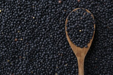 Raw black lentils and spoon as background, closeup view