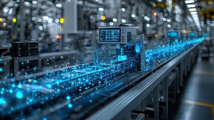 Obraz premium Futuristic automated production line with advanced robotics and data stream