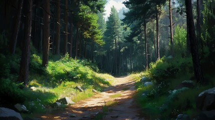 Obraz premium Hiking Trail Through Green Forest with Sunlight Streaming Through the Trees