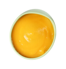 Baby food. Tasty puree in bowl isolated on white, top view