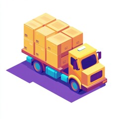 Vibrant isometric yellow truck loaded with cardboard boxes on white background