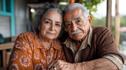 A tender moment between an elderly couple, sitting close together, showcasing their love and affection through gentle expressions in a warm, inviting atmosphere.