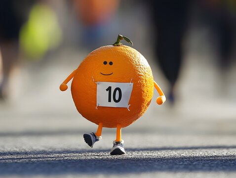 An orange fruit competes in a marathon, donning a numbered bib, showcasing a fun blend of sports and creativity.