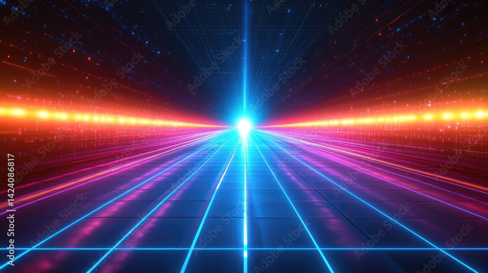 Poster bright abstract futuristic scene with converging neon light paths,speed and movement through digital