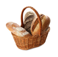 Different loaves of fresh bread in basket isolated on white