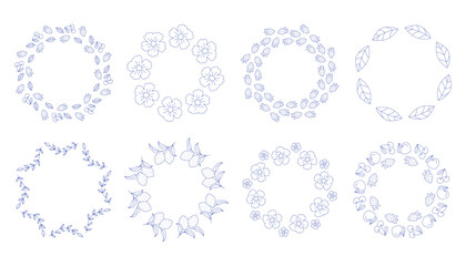 Mediterranean blue olive branches circle frame set. Hand drawn round line border, leaves and flowers, wedding invitation and cards, logo design and posters template. Elegant minimal style floral set