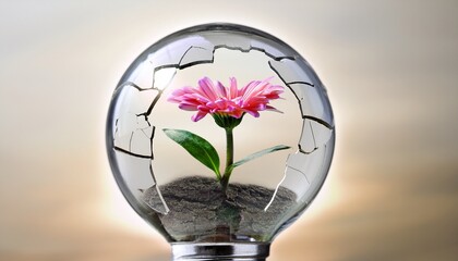 Cracked Light Bulb with a Blooming Flower Inside
