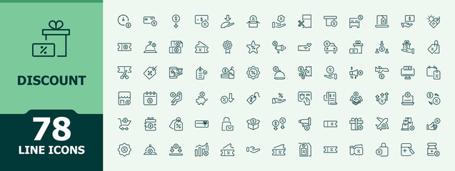 Discount line icon set. Discount Coupon line icon set. Collection of simple line web icons. Includes symbols for commerce, payment,  coupon, gift, shopping, business and more. Vector illustration.