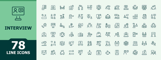 Interview linear icon set. Presentation related icon set. Modern linear icons. Contain linear sign discussion, presentation, resource, human, hiring and more. Editable stroke collections.