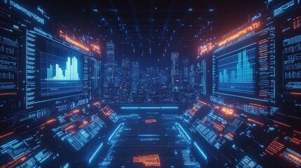 futuristic data analysis room with several large screens with graphs and data visualisation for technology blogs,financial websites and big data concepts.