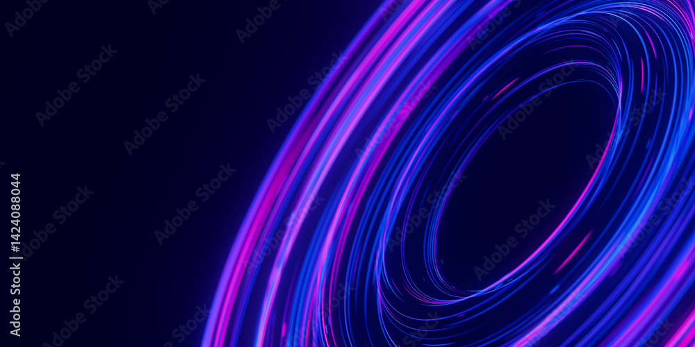 Poster Closeup of circular data light speed flow. Abstract round digital data stream of quantum computing. Cyberspace of qubit trail waves with DOF. Modern tech information transmission.