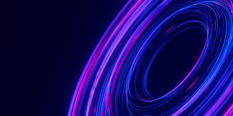 Closeup of circular data light speed flow. Abstract round digital data stream of quantum computing. Cyberspace of qubit trail waves with DOF. Modern tech information transmission.