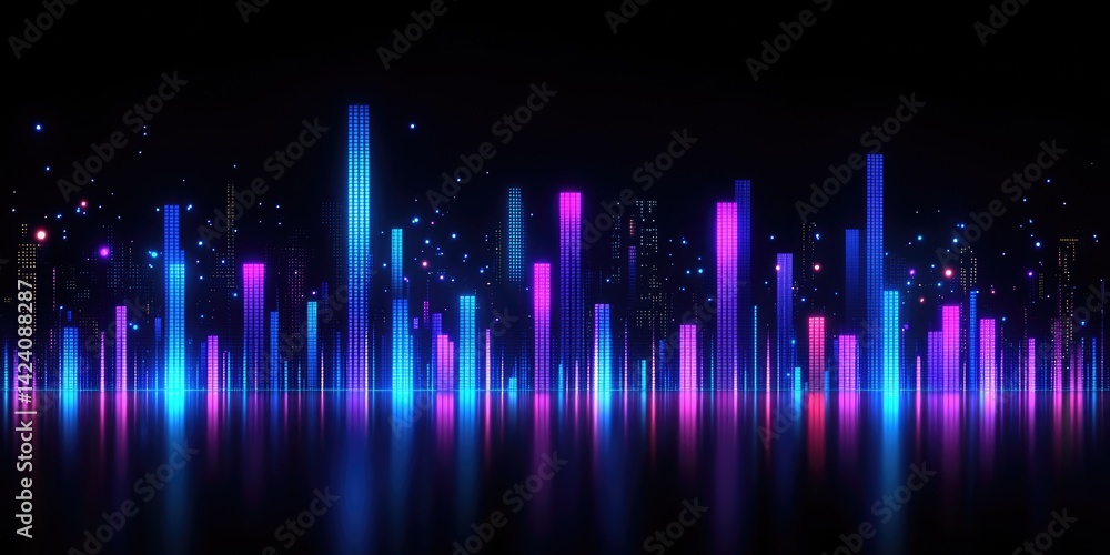 Poster bright image of glowing neon bar graph with scattered light particles for technology blogs,music vis