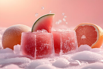 Fototapeta premium Refreshing ice cubes with watermelon and grapefruit on a soft pink background, evoking summer vibes