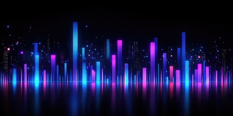Bright image of glowing neon bar graph with scattered light particles for technology blogs,music visualizers and futuristic backgrounds.