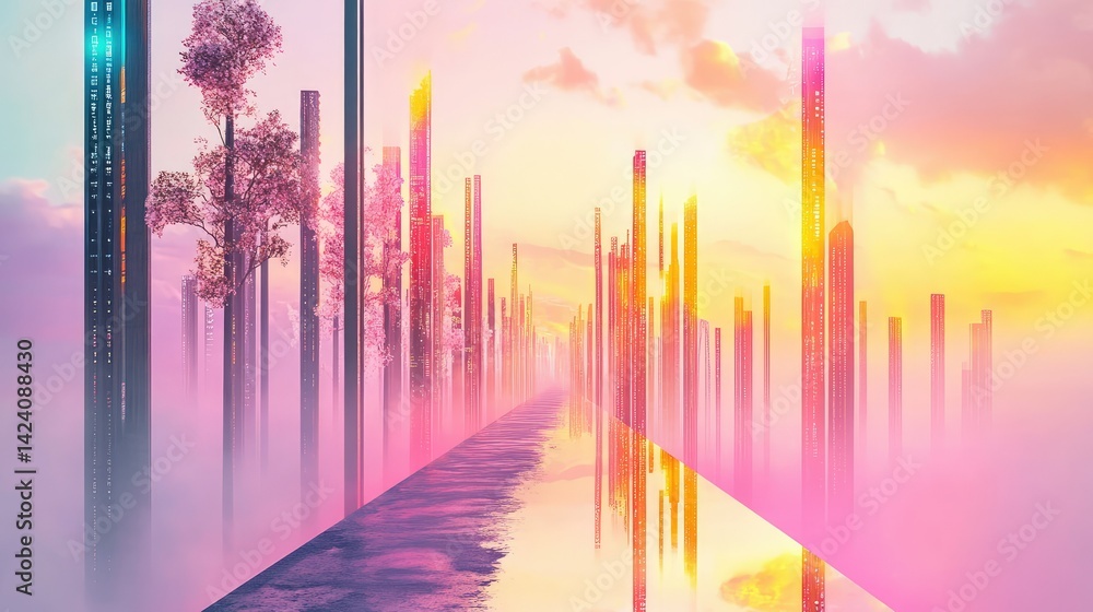 Poster abstract 3d pathway with binary high-rise structures, tech city and ai visualization