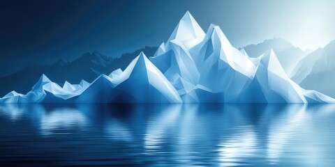 A majestic render of sharp, jagged blue icebergs or mountains reflected in still water under a dark, dramatic sky. Ideal for environmental blogs, corporate finance, climate change articles