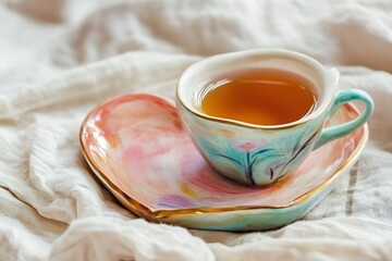 A hand-painted heart-shaped plate with a cup of tea placed delicately on top
