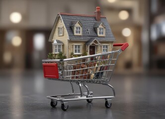 Miniature house model sits in a shopping cart ,  homeownership,  house model photography, online home buying