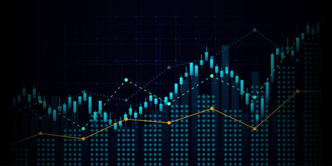 Abstract financial graph with uptrend line and bar chart of stock market on blue color background